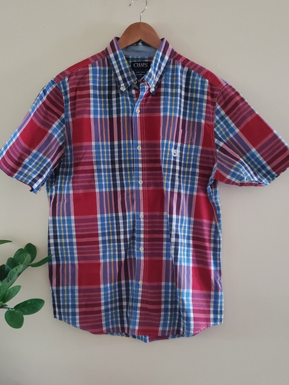 CHAPS Easy Care Cotton Blend Mens Short Sleeve Plaid Shirt - L